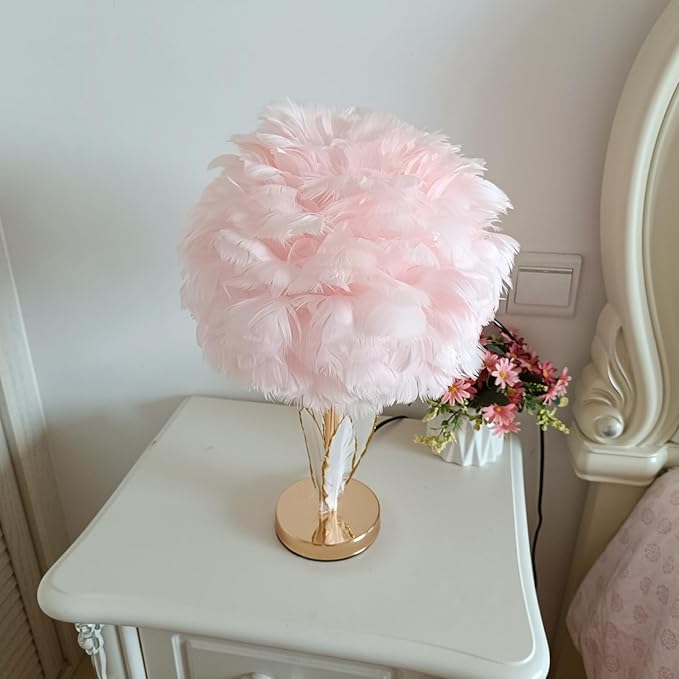 Pink Feather Lamp Goose Furry Table Lamp Princess Modern Fluffy Desk Lamp Simple Wedding Decor Romantic Bedside Night Light for Girl Bedroom Living Room Hotel - Bloomnest