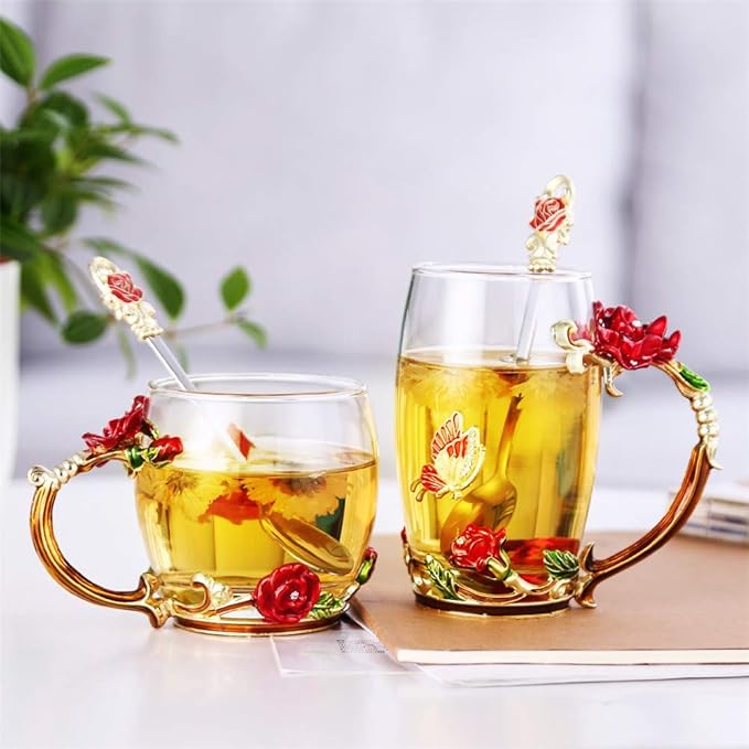 Luka Tech Enamel Butterfly flower Lead-free Glass Coffee Mugs Tea Cup with Steel Spoon, personalised Gifts For Women Wife Mom Girl Teacher Friends Birthday Mothers Valentines Day Wedding (Rose) - Bloomnest