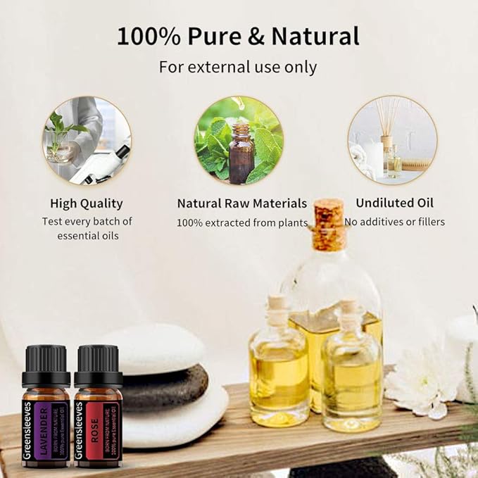 GREENSLEEVES Rose Lavender Essential Oil Set, 2 x 10ml Pure Plant-Based Fragrance Oil for Aromatherapy, Essential Oils for Diffuser, Massage, Bath Bomb, Scented Candle Soap Making GREENSLEEVES