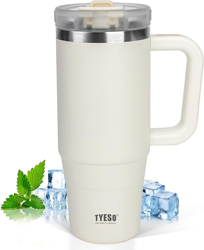 Tyeso 40 oz Tumbler with Handle, Straw and Lid - Leak Resistant Insulated Stainless Steel Water Bottle, Car Cup Holder Friendly Travel Coffee Mug White - Gifts for Men & Women - Bloomnest