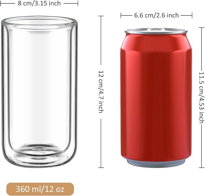 Joeyan Glass Double Walled Beer Drinking Glasses, Insulated Thermo Glass Tumbler Without Hole, Thickened Water Cocktail Highball Glass Cups, Smoothie Tea Coffee Glassware, 12oz, 2Pack, Dishwasher Safe - Bloomnest