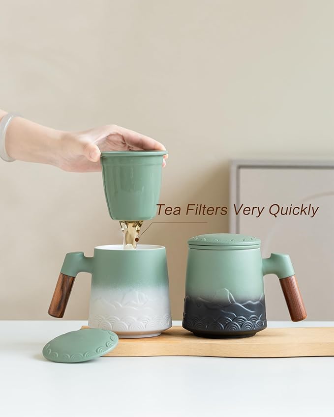 ZENS Tea Mug with Infuser and Lid for Loose Leaf Steeper, 16.9 oz Embossed Ceramic Tea Cup with Fine Tea Strainers, Wood Handle Large Tea Diffusers Mugs for Tea Lovers Gifts