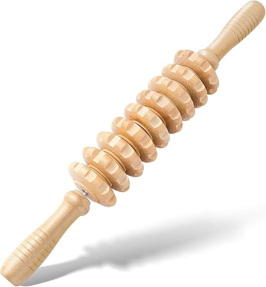 Wooden Cellulite Massage Roller for Legs and Thighs - Handheld Fascia Blaster Tool for Muscle Relief, Lymphatic Drainage & Body Sculpting - Anti Cellulite Massager for Women and Men (9 Wheel) - Bloomnest