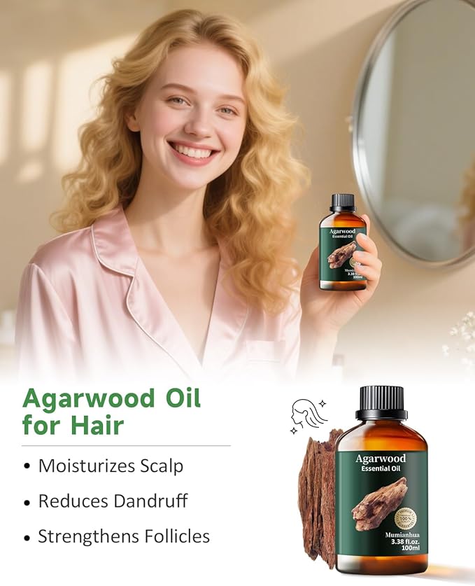 Agarwood Essential Oil, Mumianhua Natural Aromatherapy Agarwood Oil for Aromatherapy, Diffuser, Spray, Skin, Hair Care, Massage, Soap, Candle Making, Perfume 3.38 Fl Oz - Bloomnest