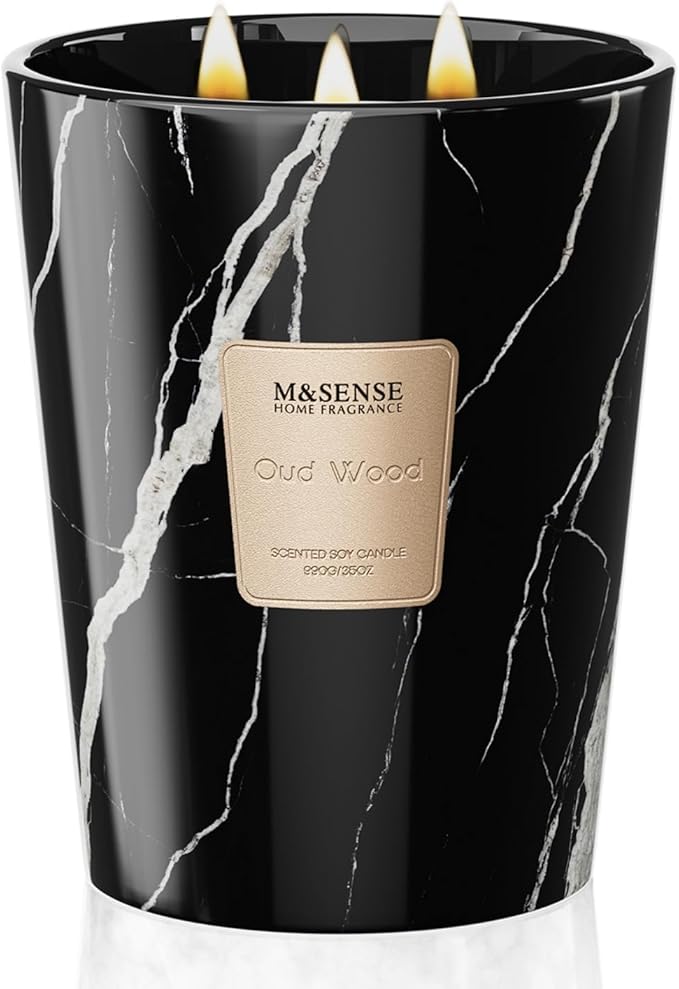 M&SENSE OudWood Scented Candles for Home, 3-Wick Highly Scented Jar Candles, Extra Large Candle 35 Oz 150 Hours Long Lasting Burning, Relaxing Aromatherapy Candle for Stress Relief, Meditation - Bloomnest