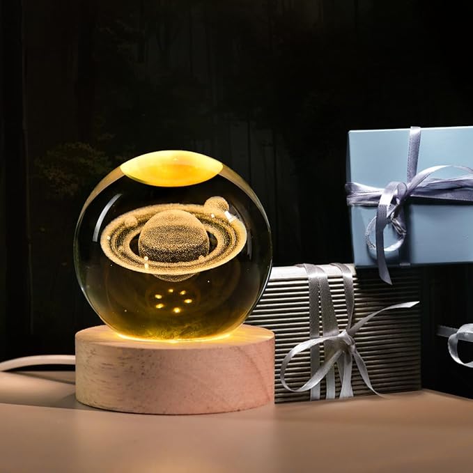 3D Saturn Crystal Ball with LED Stand, 60mm Glass Sphere Decorative Balls Lamp, Space Planet Model Galaxy Night Light Gifts for Women Kids - Bloomnest