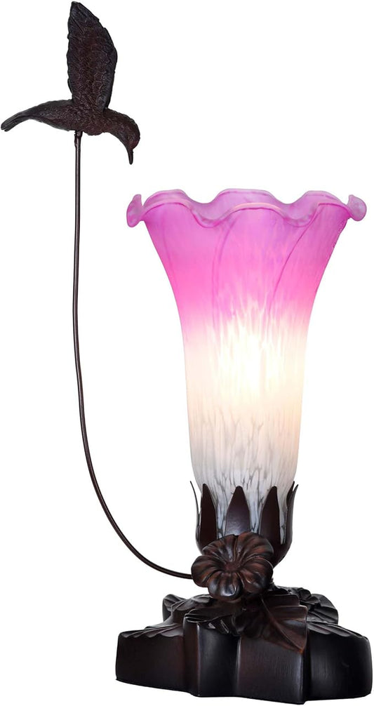 Bieye LL02 Hummingbird Flying Over Lily Flower Blown Glass Table Lamp for Home Decor (White Pink, 4.25Wx12H)