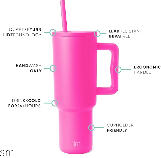Simple Modern 40 oz Trek Tumbler with Handle and Straw Lid | Cup Holder Friendly Insulated Stainless Steel Travel Mug | Raspberry Vibes SimpleModern