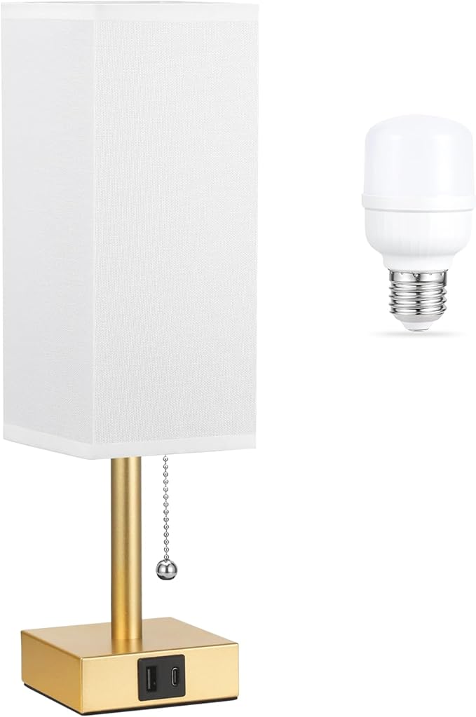 aooshine White Small Table Lamp for Bedroom - 3 Color Temperature 3000K 5000K 4000K Bedside Lamp, Pull Chain Control, USB A and C Ports, Pure Gold Color Base, Bulb Included - Bloomnest