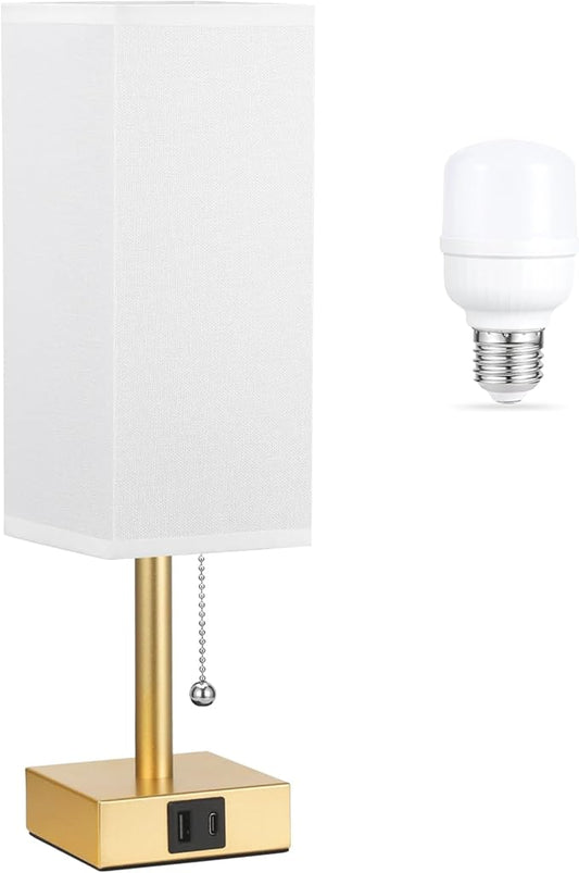 aooshine White Small Table Lamp for Bedroom - 3 Color Temperature 3000K 5000K 4000K Bedside Lamp, Pull Chain Control, USB A and C Ports, Pure Gold Color Base, Bulb Included - Bloomnest