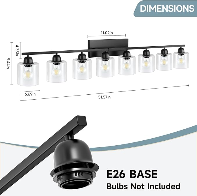 Modern 8 Light 52 inch Vanity Lights for Bathroom with Clear Glass, Black Bathroom Light Fixture for Mirror Kitchen Living Room Hallway Cabinet Porch - Bloomnest
