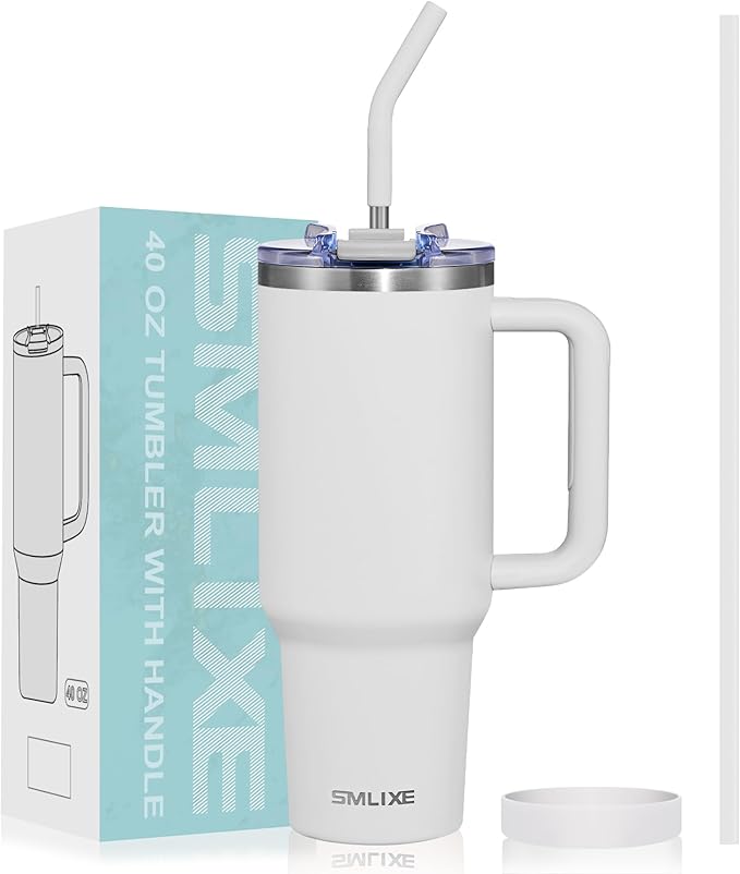 40 oz Tumbler with Handle and Straw Lid,Insulated Reusable Stainless Steel Water Bottle Travel Mug，Cupholder Friendly Double Wall Vacuum Sealed Cup (Cold White) - Bloomnest