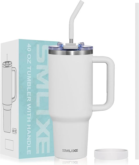 40 oz Tumbler with Handle and Straw Lid,Insulated Reusable Stainless Steel Water Bottle Travel Mug，Cupholder Friendly Double Wall Vacuum Sealed Cup (Cold White) - Bloomnest