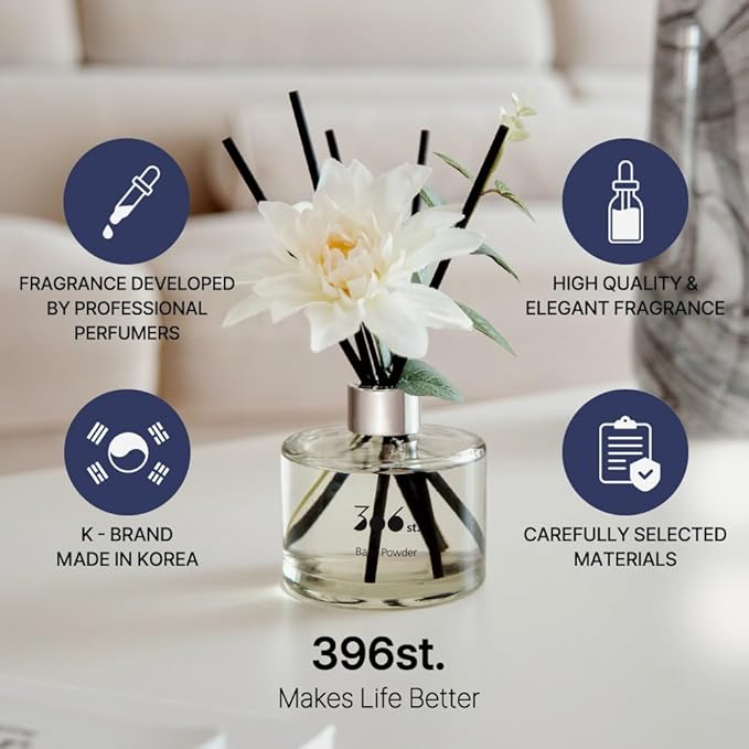 396 st. Dahlia Flower Reed Diffuser, Baby Powder, 200ml(6.7oz) / Reed Diffuser Sets, Home Fragrance, Scented Oils, Home & Bathroom Décor - Bloomnest
