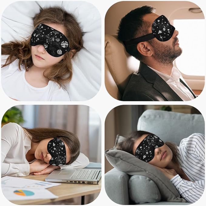Space Galaxy Sleep Eye Mask Universe Star Moon Planets Constellation Black Silk Eye Mask Sleeping Soft for Men Women Boy Girl Airplane Travel with Elastic Strap - Bloomnest