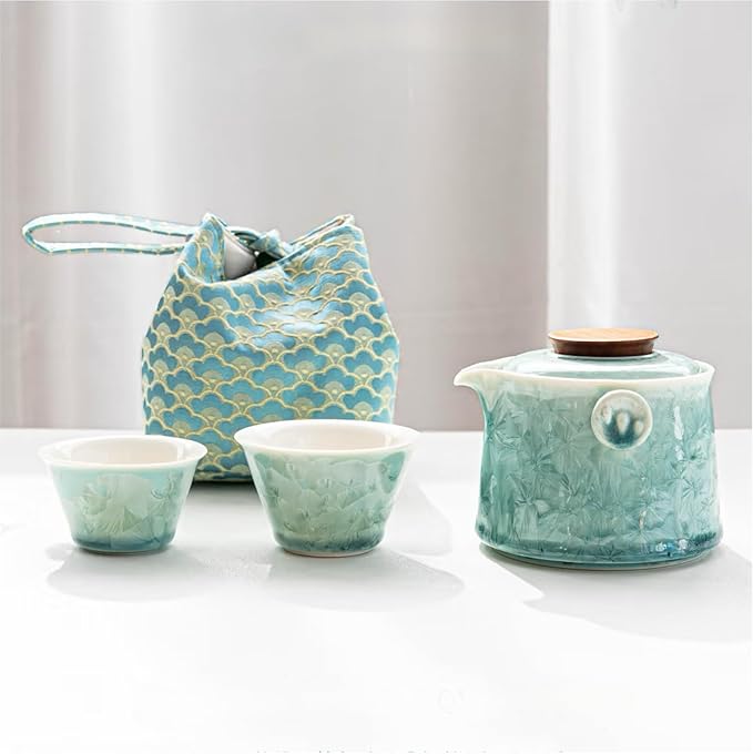 Hermit Life Chinese Travel Tea Set, Portable Ceramic Teapot for One to Two, Gongfu Tea Set with Crystal Glaze, 1 Pot 2 Cups, Gift for Tea Lovers (Mint Green) - Bloomnest