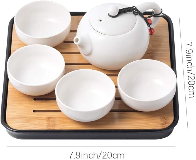 Chinese Tea Pot Cup Set with Tray Infuser - Travel Ceramic Tea set Porcelain Teapot, Portable All in One Bag for Outdoor Picnic Business Hotel (White)
