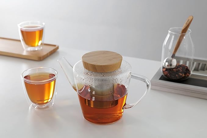 Viva Infusion Borosilicate Glass Tea Pot for Stovetop with Loose Leaf Tea Infuser Mesh - 34 ounce/1 Liter - Modern Teapot Features Bamboo Wood Lid, Tea Maker for Blooming