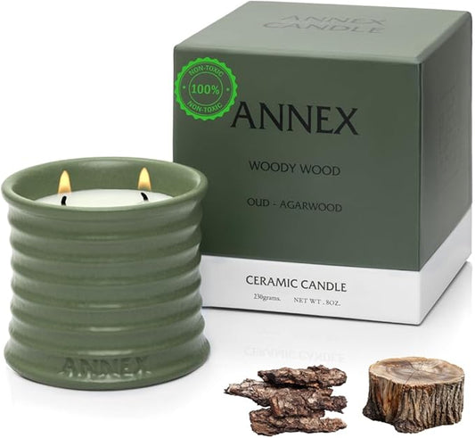 Scented Luxury Candles in Handmade Ceramic Jars, Soy Wax | Woody Wood – Oud & Agarwood, Large Candle | Non Toxic, 2 Wicks, Reusable Big Olive Green Jar | Natural Spring Aromatherapy for Women & Men - Bloomnest