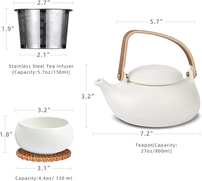 ZENS Modern Japanese Tea Set, 27 oz Ceramic Japanese Teapot with Fine Stainers and 4 Cups for Loose Leaf Tea Steeper, Wood Handle Matte Japanese Teapots Hot Tea Brewer for Tea Party Women Gifts - Bloomnest