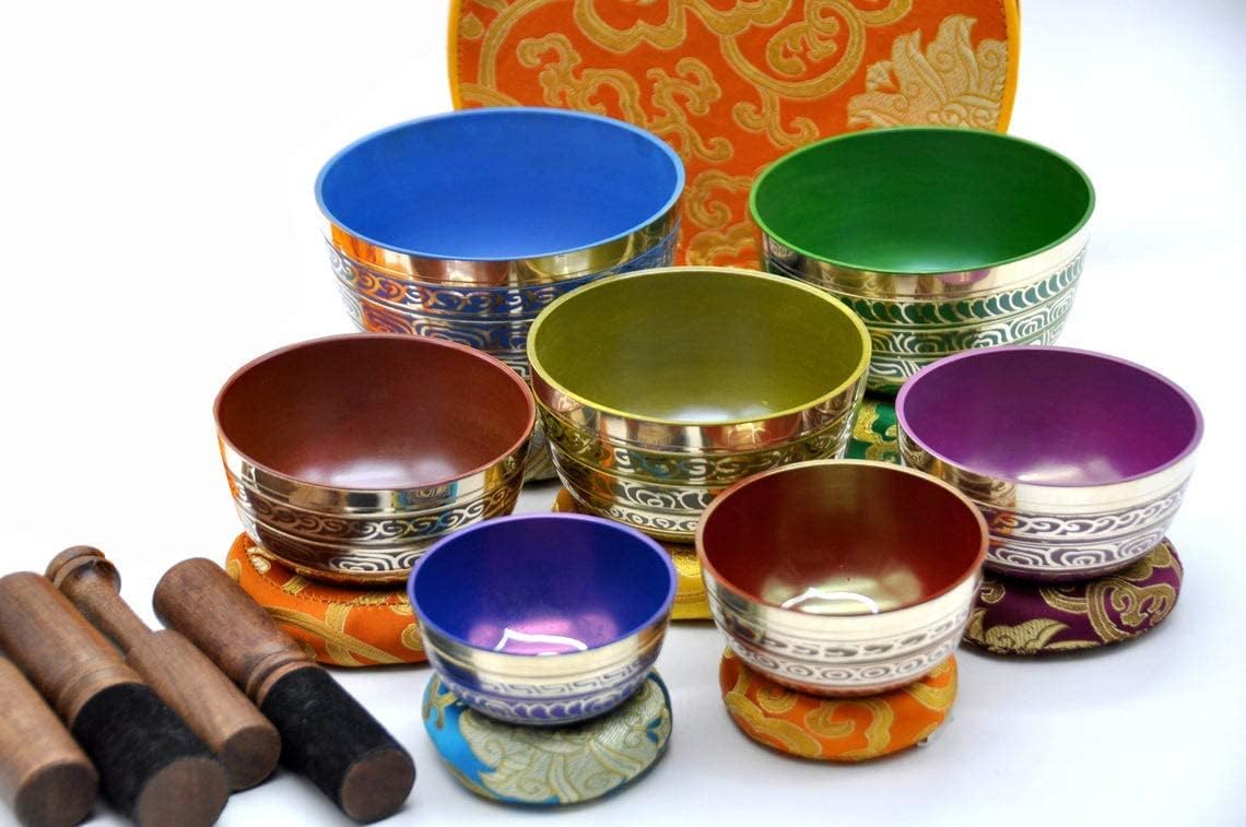 Tibetan Singing Bowl Set of 7, Handmade Singing Bowl for Meditation & Holistic Healing, Yoga Accessories, 3-5” Multicolored Singing Bowls with Wooden Striker, Cushion & Red Carry Box