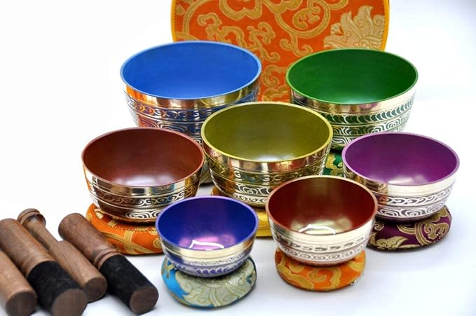 Tibetan Singing Bowl Set of 7, Handmade Singing Bowl for Meditation & Holistic Healing, Yoga Accessories, 3-5” Multicolored Singing Bowls with Wooden Striker, Cushion & Red Carry Box - Bloomnest