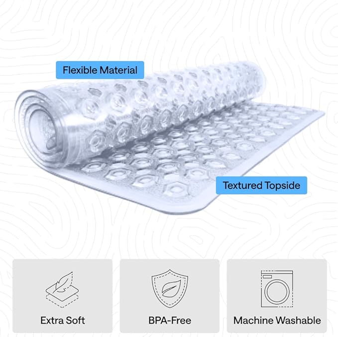 GORILLA GRIP Patented Bath Tub Shower Mat, Machine Washable Bathtub Floor Liner Mats, Suction Cups and Drain Holes to Keep Tubs Clean, Soft on Feet, Bathroom Essentials, 35x16 Inch, Clear - Bloomnest