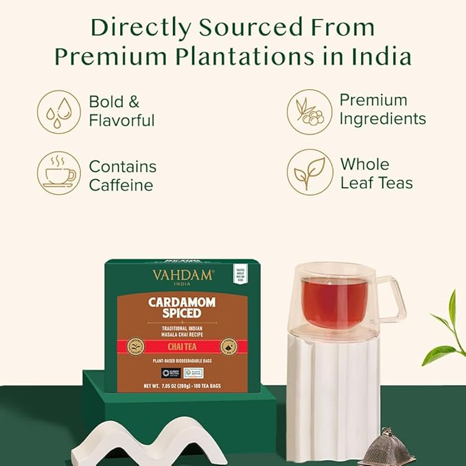 VAHDAM, Cardamom Masala Chai Tea Bags (100 Count) Non GMO, Gluten Free, No Artificial Flavor | Blended w/Exotic Spices | Chai Tea | Resealable Ziplock Pouch - Bloomnest