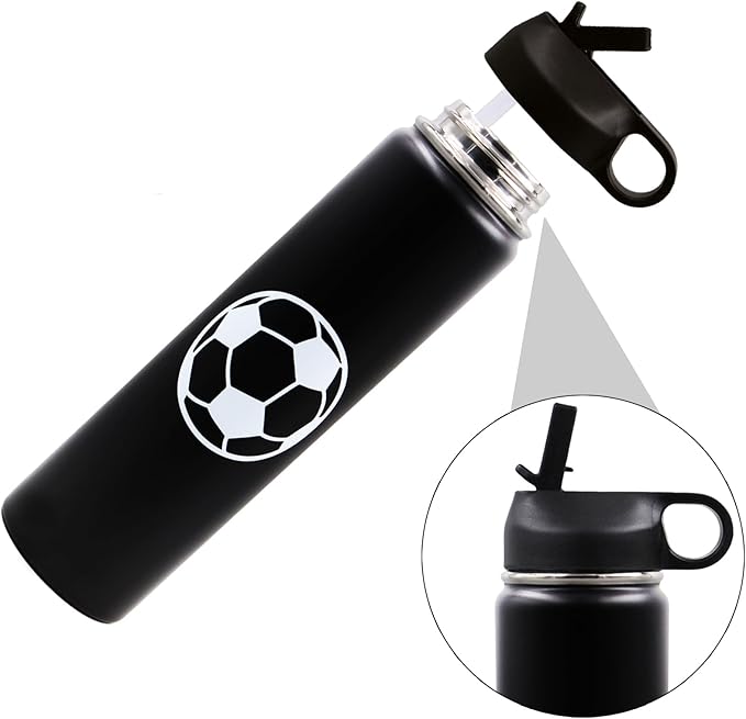 25 oz Soccer Water Bottle with Straw, Sports Flask Metal Travel Tumbler with 2 Lids, BPA Free Stainless Steel Double Wall Vacuum Insulated Leak Proof Thermo Water Bottles, Soccer Gifts for Boys Girls - Bloomnest