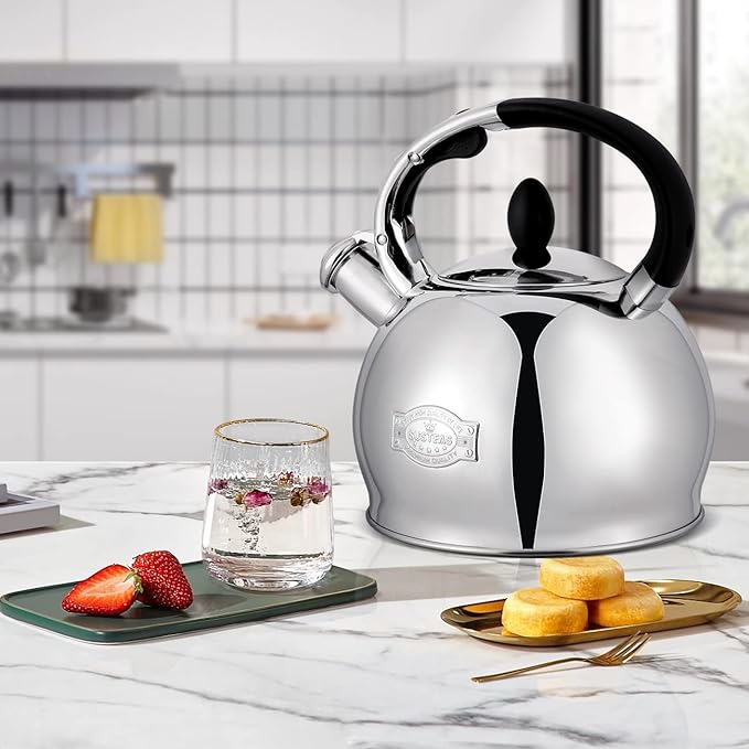 SUSTEAS Stove Top Whistling Tea Kettle - Food Grade Stainless Steel Teakettle Teapot with Cool Touch Ergonomic Handle, With 1 Silicone Pinch Mitt Included,2.64 Quart(SILVER) - Bloomnest