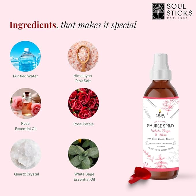 SOUL STICKS White Sage & Rose Smudge Spray For Cleansing and Negative Energy | 3.5oz Sage Smudge Spray with Real Quartz Crystals | Car Air Freshner Fragrance Sage Room Spray for Spiritual Cleansing SoulSticks