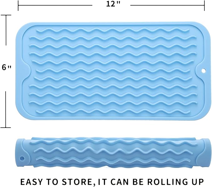Silicone Dish Drying Mat for Multiple Usage,Easy clean,Eco-friendly,Heat-resistant Silicone Mat for Kitchen Counter or Sink,Refrigerator or Drawer Liner Light Blue S 12 inches x 6 inches - Bloomnest