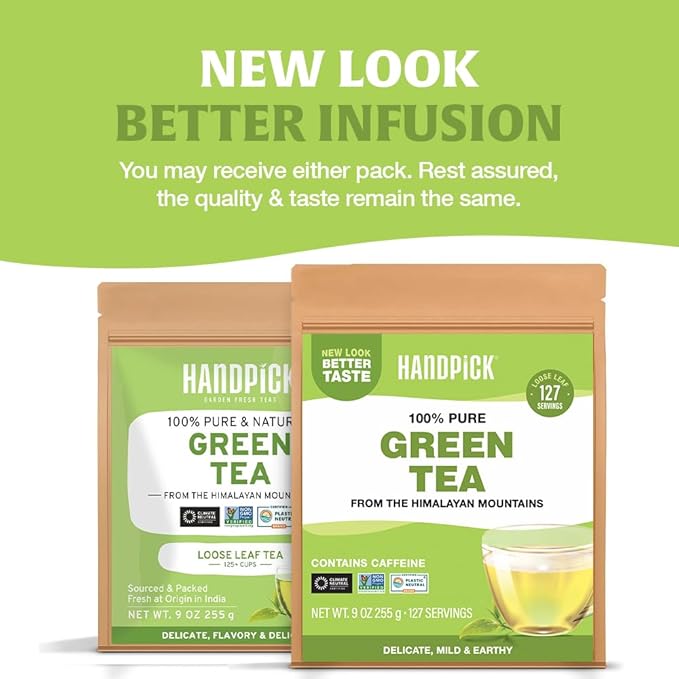 HANDPICK, Green Tea Loose Leaf (255g/9oz) 127 Cups | Non-GMO, 100% Pure Green Tea Leaves Sourced from Himalayas, India | Resealable Ziplock Pouch - Bloomnest