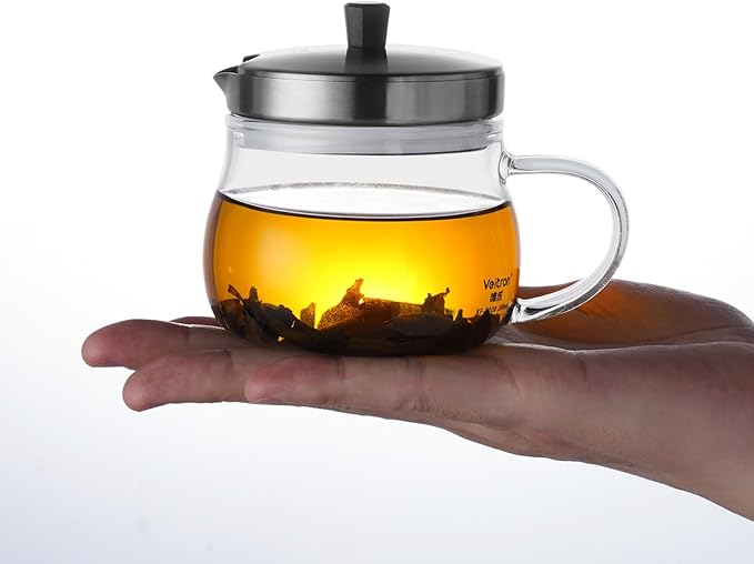 200ml (6.76 oz) Glass Teapot with Stainless Steel Strainer, Small Teapot for Stovetop, Home, Office or Solo Tea Drinking