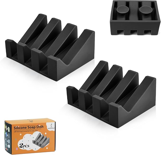Silicone Soap Dish with Drain, Upgrade Double Suction Cups at The Bottom for Anti-Slip and Stability, Soap Dish Shower Waterfall Bar Soap Holder Tray with Drain Soap Holder (2, Black) - Bloomnest