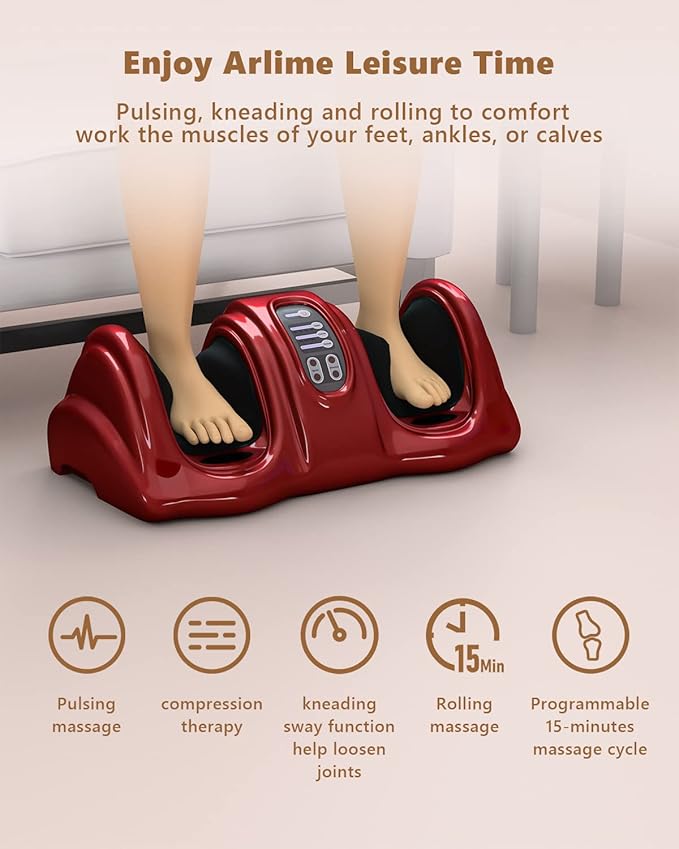 ARLIME Foot Massager Machine, Stimulates Blood Circulation Deep Kneading Shiatsu Foot Massager, Rolling & Pulsing for Leg Calf Arm Ankle w/Remote, Red - Bloomnest