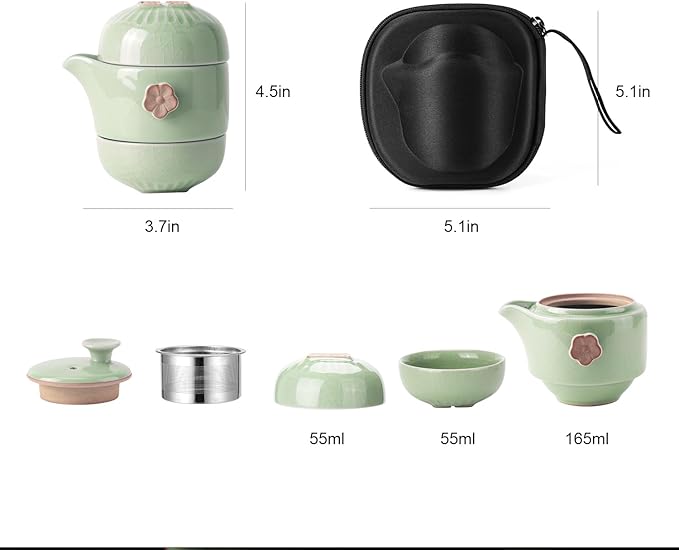 Travel Tea Set Ceramic Tea Pot Set Chinese Kung Fu Teapot Porcelain Gongfu Teacups with Infuser, Portable Bag 1 Pot 2 Mini Cup All in One for Home Office Outdoor Picnic Camping Hotel