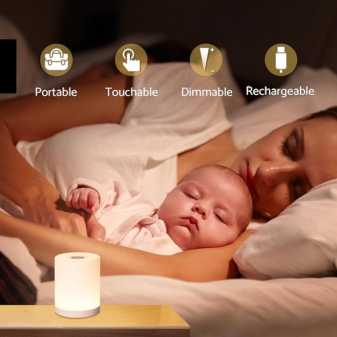 Touch Night Light for Baby Nursery, Small Cordless Lamp, Dimmable Portable Rechargeable Battery Operated Night Light, Wireless Bedside Mini Lamp for Bedroom, Bathroom - Bloomnest