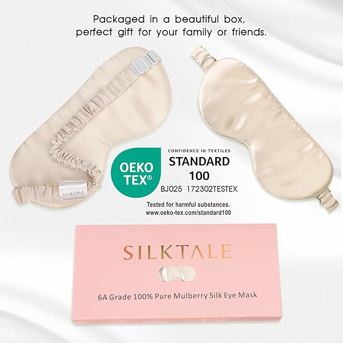 100% Mulberry Silk Eye Mask for Sleeping with Silk Wrapped Adjustable Strap,Beige - Bloomnest