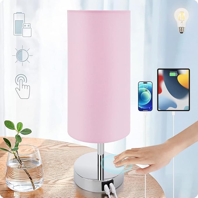 Yarra-Decor Bedside Lamp with USB Port - Touch Control Table Lamp for Bedroom 3 Way Dimmable Nightstand Lamp with Round Pink Fabric Shade for Living Room, Dorm, Home Office (LED Bulb Included) - Bloomnest