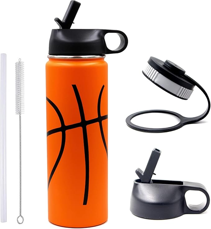 22 oz Basketball Water Bottle, Sports Flask Metal Travel Tumbler with 2 Lids, Stainless Steel Double Wall Vacuum Insulated Thermo Water bottles, Basketball Accessories Stuff Gifts for Mom Boys Girls - Bloomnest
