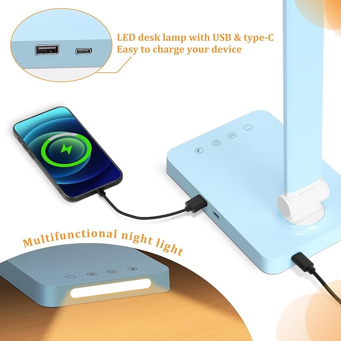 LED Desk Lamp with USB Ports,Touch Desk Lamps for Home Office with 5 Color Modes,3 Brightness Desk Light with Small Night Light,Reading Lamp Table Lamp for Bedroom Bedside Study Blue （with adapter） - Bloomnest