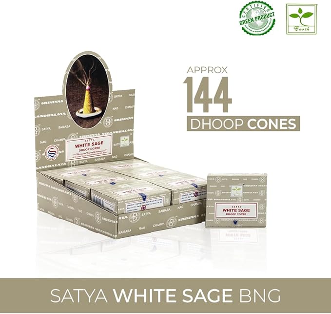 Satya Sai Baba White Sage Original Earth Marked Natural Masala Incense 144 Dhoop Cones in Pack of 12 Boxes | Best for Prayer, Meditation and Relaxation AROVATIKA