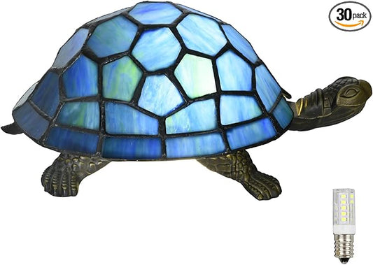A0020 Turtle Tiffany Style Accent Table Lamp Handmade Stained Glass Animal Night Light for Bedside Livingroom Bedroom Home Decoration (Blue Turtle) - Bloomnest