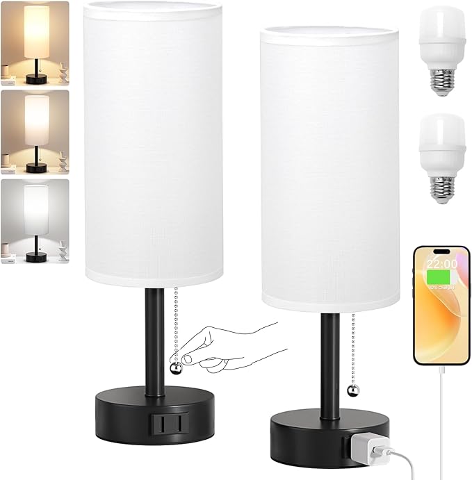Fenmzee White Bedside Table Lamps Set of 2-3 Color Temperatures Pull Chain Lamp with AC Outlet Charging Port, Round Night Stand Lamps for Bedroom Office, Small Bed Side Light with E26 LED Bulbs - Bloomnest