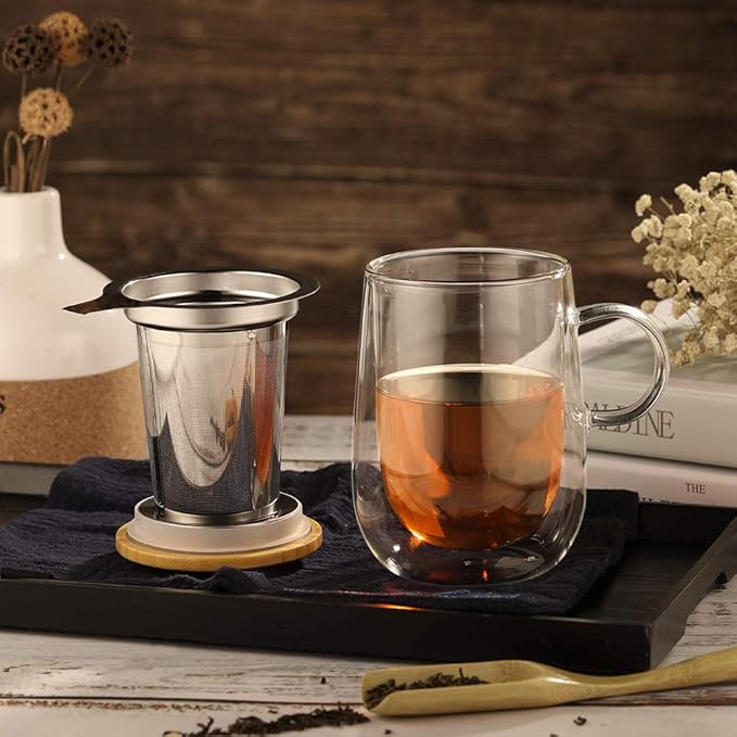 glastal Tea Infuser Mug 14.5oz Insulated Heatproof Glass Tea Cup with Removable Infuser and Lid, Clear Glass Teacup 430ml Double Wall Borosilicate Glass Teacup for Loose Tea, Gifts for Parents Dad Mum - Bloomnest