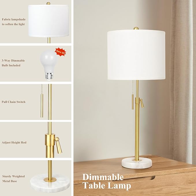 Gold Table Lamp Set of 2, 22-30" Height Adjustable Modern Nightstand Lamps with Marble Base and Pull Chain Switch for Living Room Bedroom, Office, Bedside Table, Farmhouse - Bloomnest