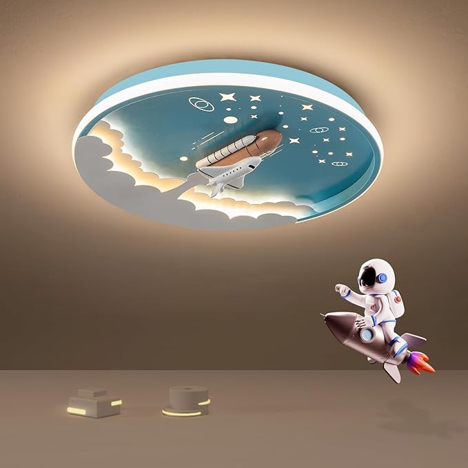 Modern Ceiling Light Fixtures Dimmable LED Kids Room Ceiling Lamp 20" Kitchen Ceiling Light with Remote Control 3000k-6000k Blue Cartoon Rocket Semi Flush Mount Ceiling Lights for Bedroom - Bloomnest