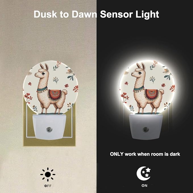 EKOBLA Cute Llama Led Night Light Alpaca Animal and Cactus Dusk to Dawn Plug-in Nightlights Auto Sensor for Home Indoor Bathroom Hallway Kitchen - Bloomnest