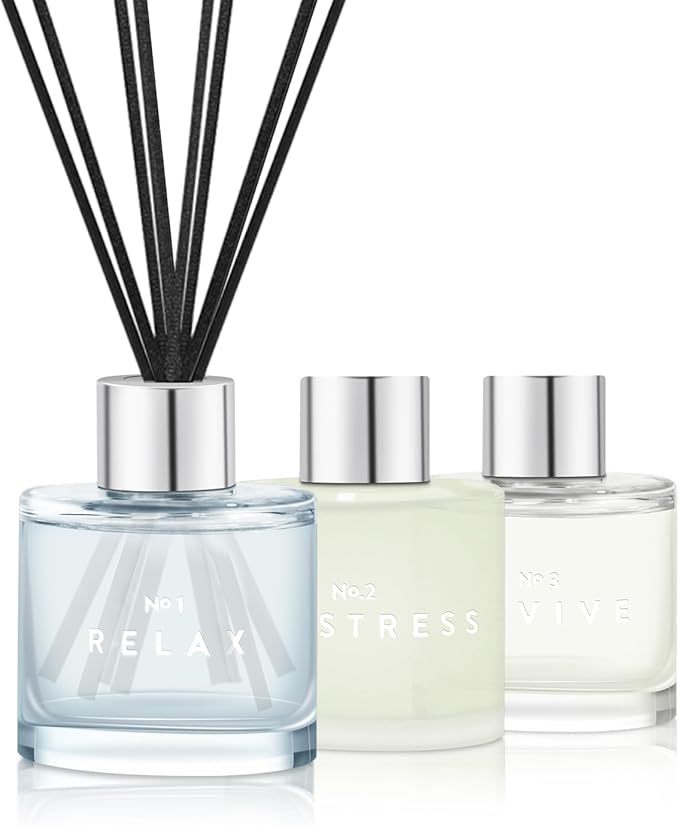 3 Pack Fragrance Reed Diffuser, 50ML Lavender Jasmine Freesia Aromatherapy Diffuser Set with 12 Black Fiber Sticks,Air Freshener for Bedroom Bathroom Office, 8.2X 6.6X 2.1 inch - Bloomnest